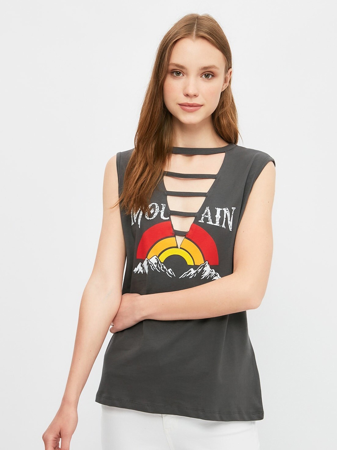

Trendyol Women Beautiful Grey Typography Tshirt