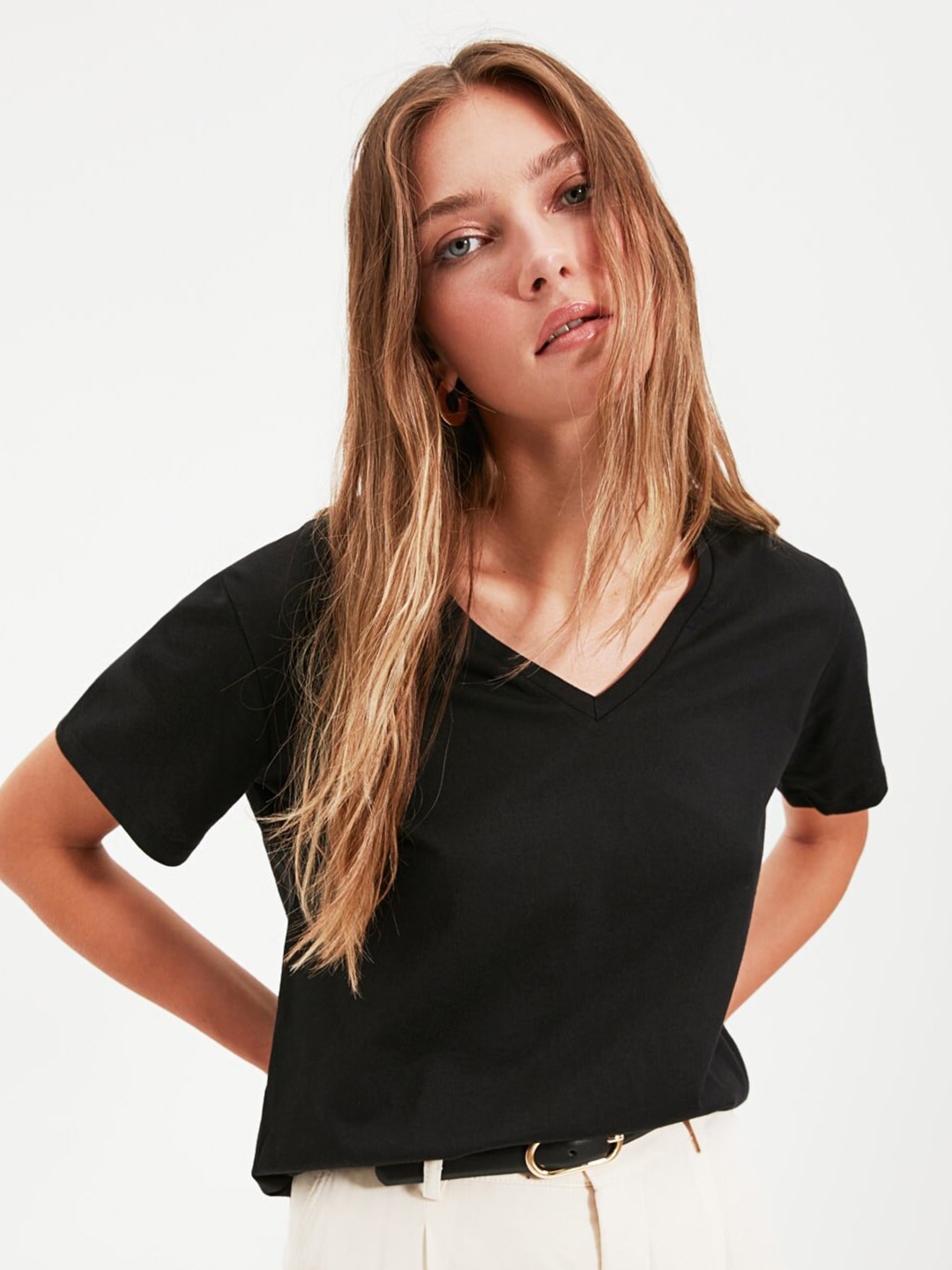 

Trendyol Women Black Solid V-Neck Pure Cotton T-shirt