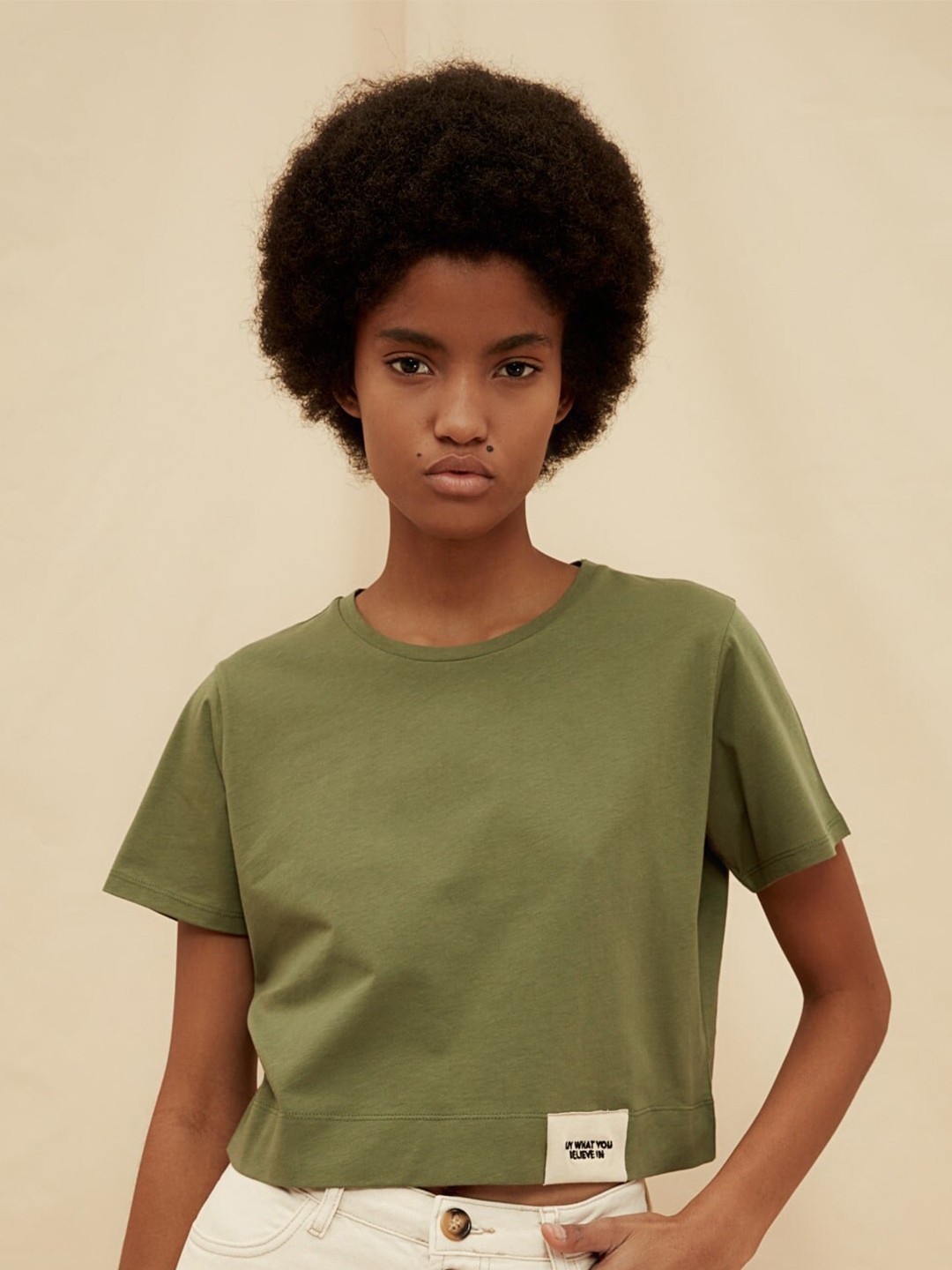 

Trendyol Women Khaki Pure Cotton Crop T-shirt