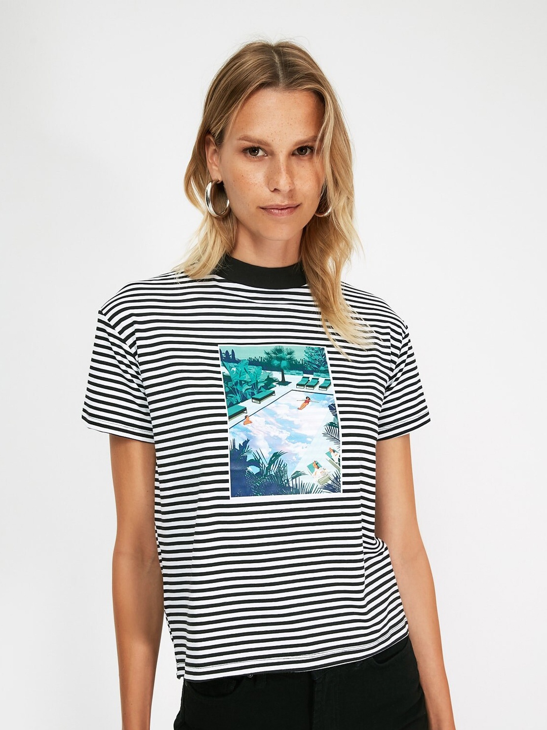 

Trendyol Women Black Striped Pure Cotton T-shirt