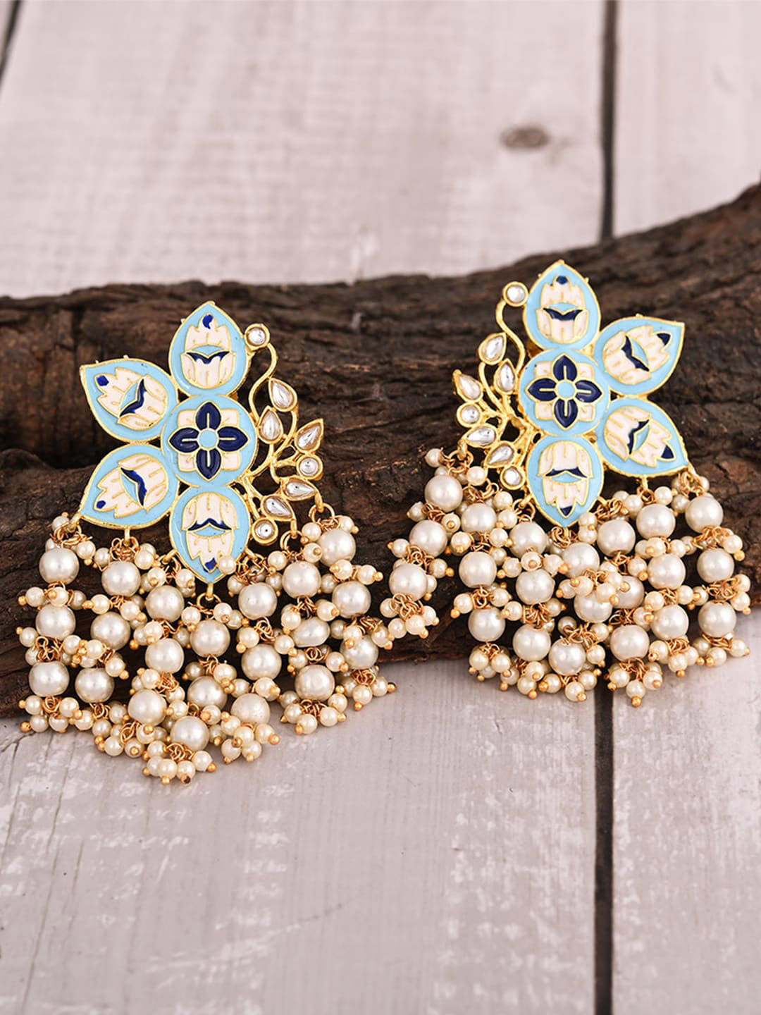 

VIRAASI Blue & Gold Plated Enamelled Brass Drop Earrings