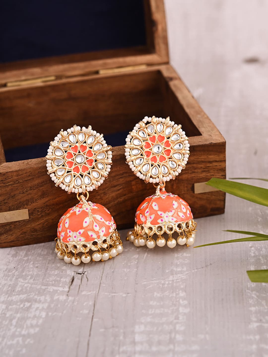 

VIRAASI Orange Meenakari Contemporary Jhumkas Earrings
