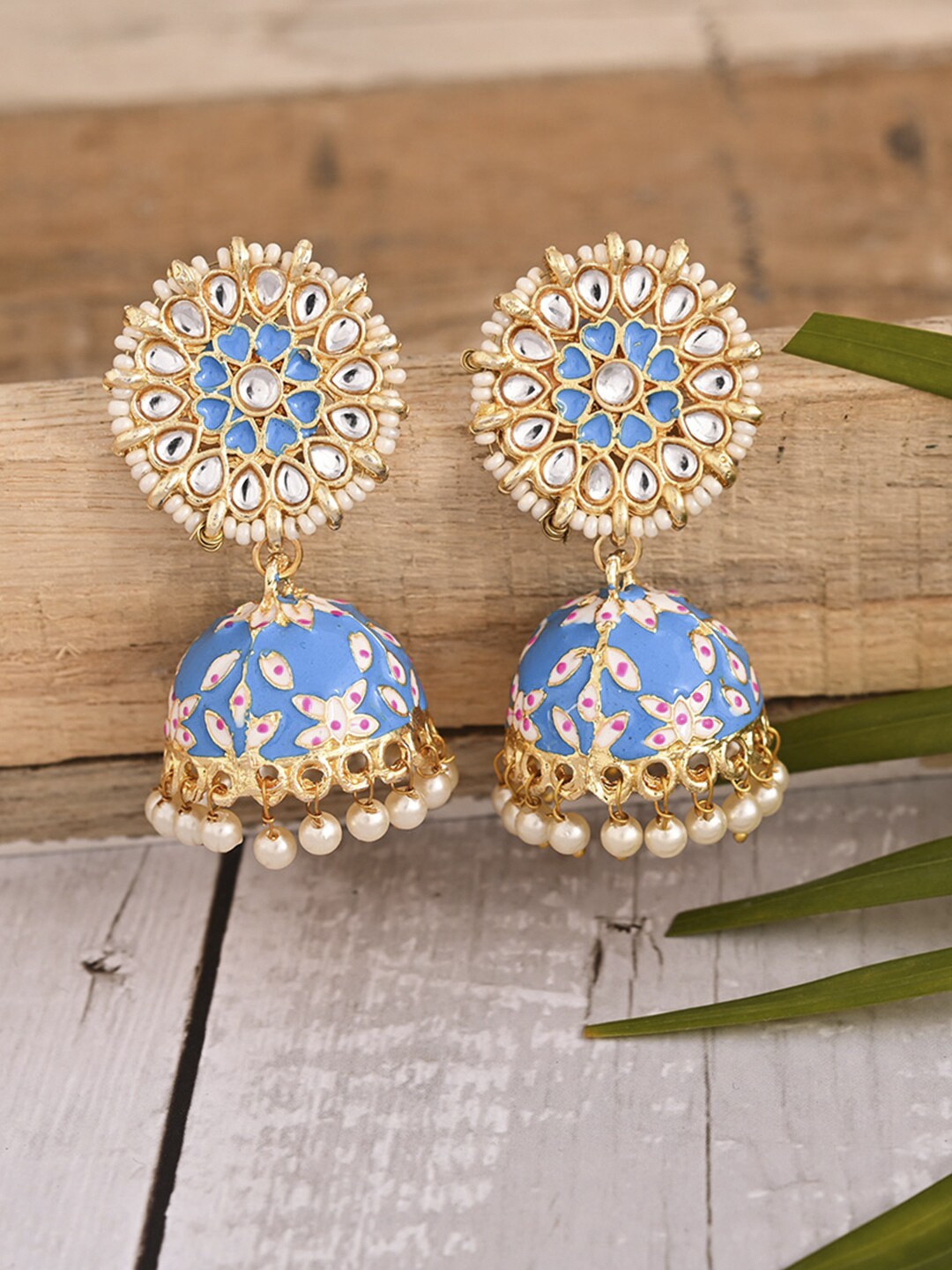 

VIRAASI Blue & Gold-Toned Meenakari Dome Shaped Jhumkas