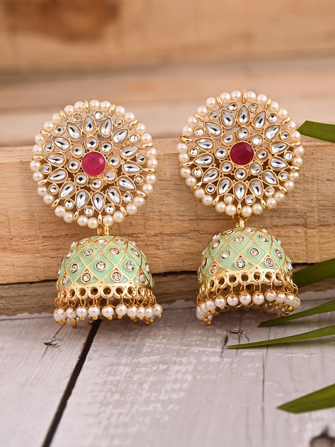 

VIRAASI Green & Gold-Toned Meenakari Dome Shaped Jhumkas Earrings