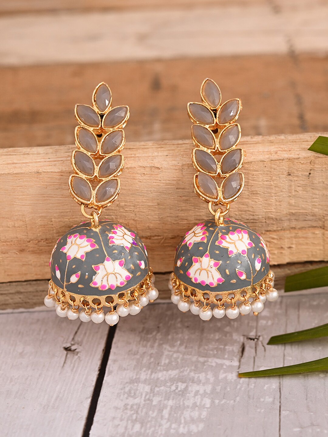 

VIRAASI Grey Meenakari Dome Shaped Jhumkas Earrings