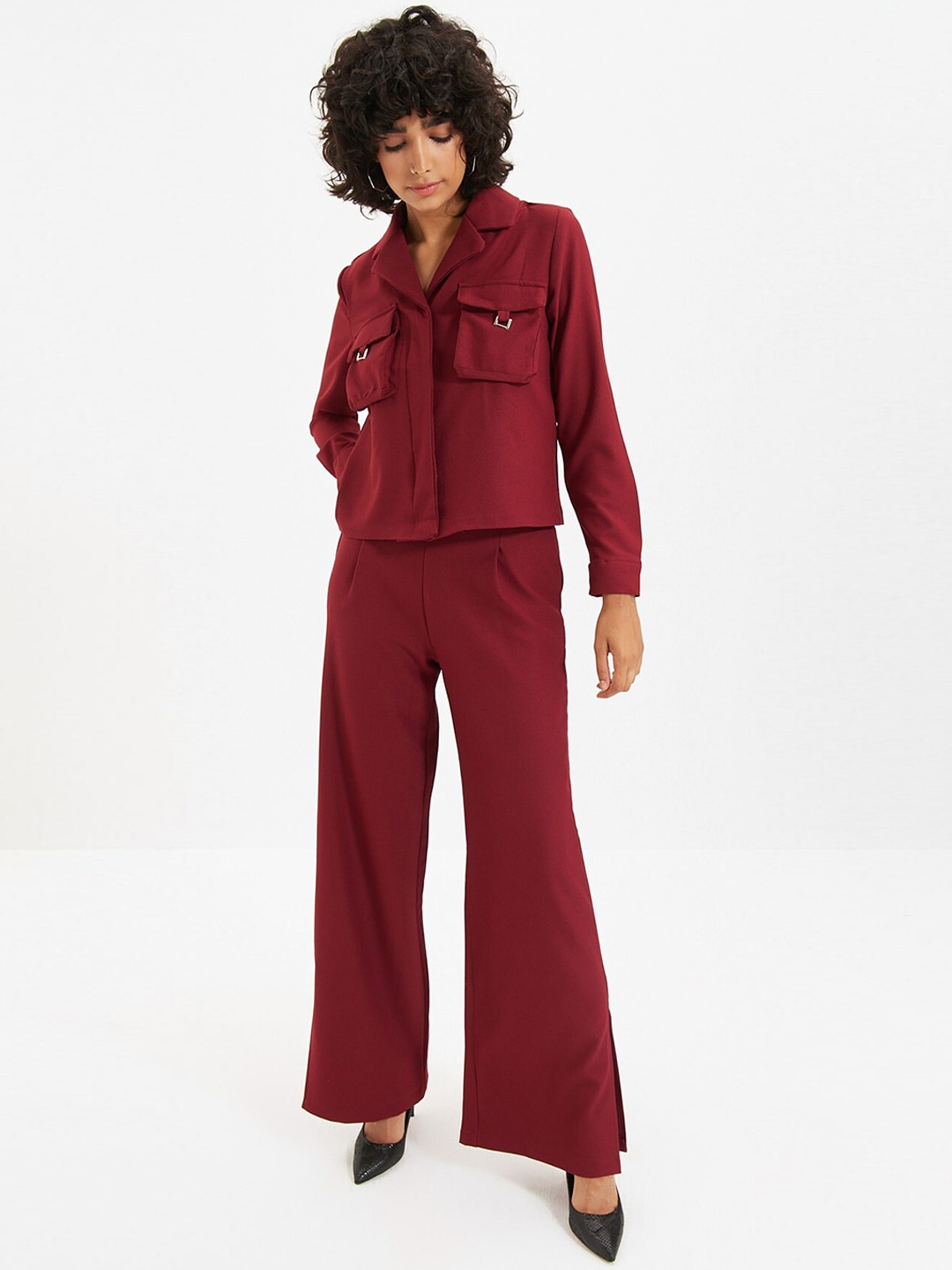 

Trendyol Women Deep Burgundy Solid Trousers