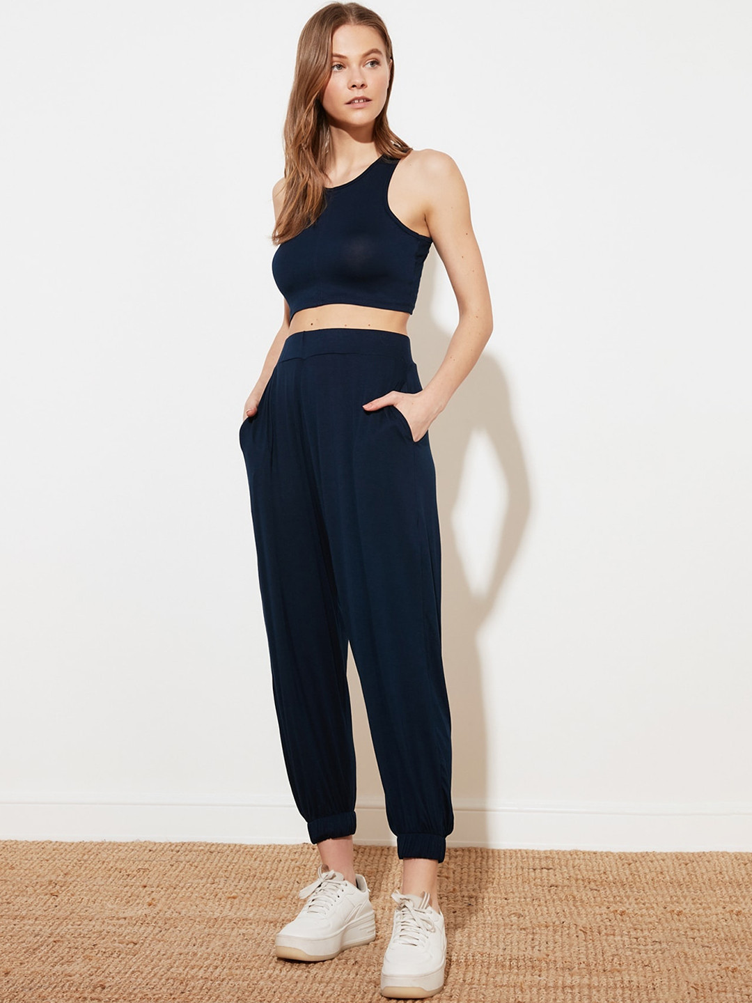 

Trendyol Women Navy Blue Solid Trousers