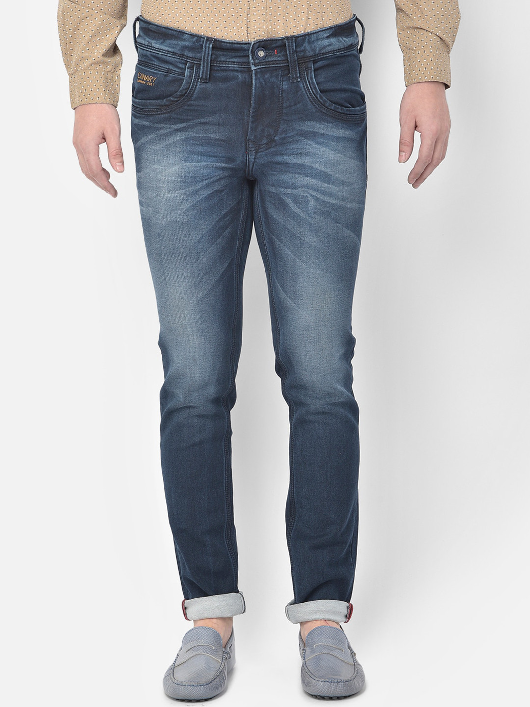 

Canary London Men Blue Smart Skinny Fit Low-Rise Heavy Fade Embroidered Stretchable Jeans