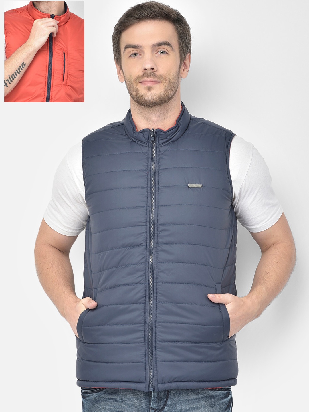 

Canary London Men Blue Striped Reversible Puffer Jacket