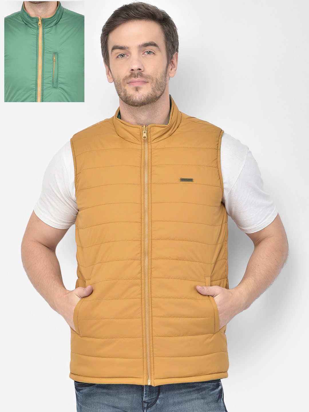 

Canary London Men Mustard Yellow & Green Reversible Padded Jacket