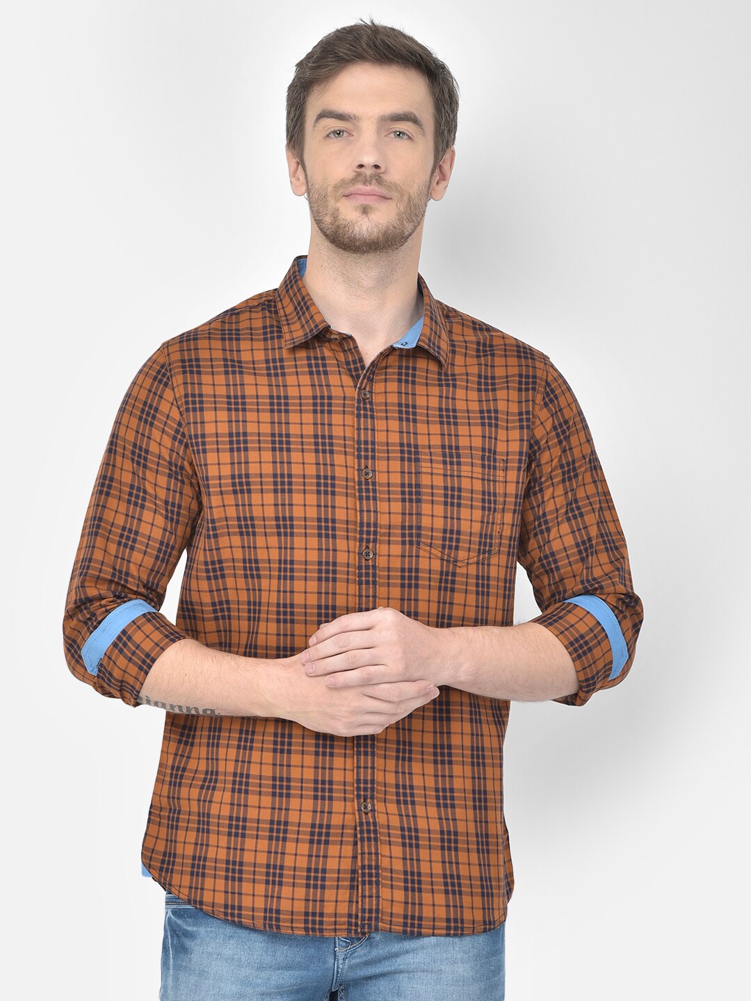 

Canary London Men Brown & Navy Blue Smart Slim Fit Tartan Checks Cotton Casual Shirt