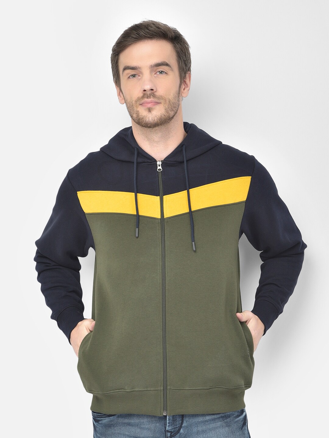 

Canary London Men Green & Navy Blue Colourblocked Hooded Sweatshirt