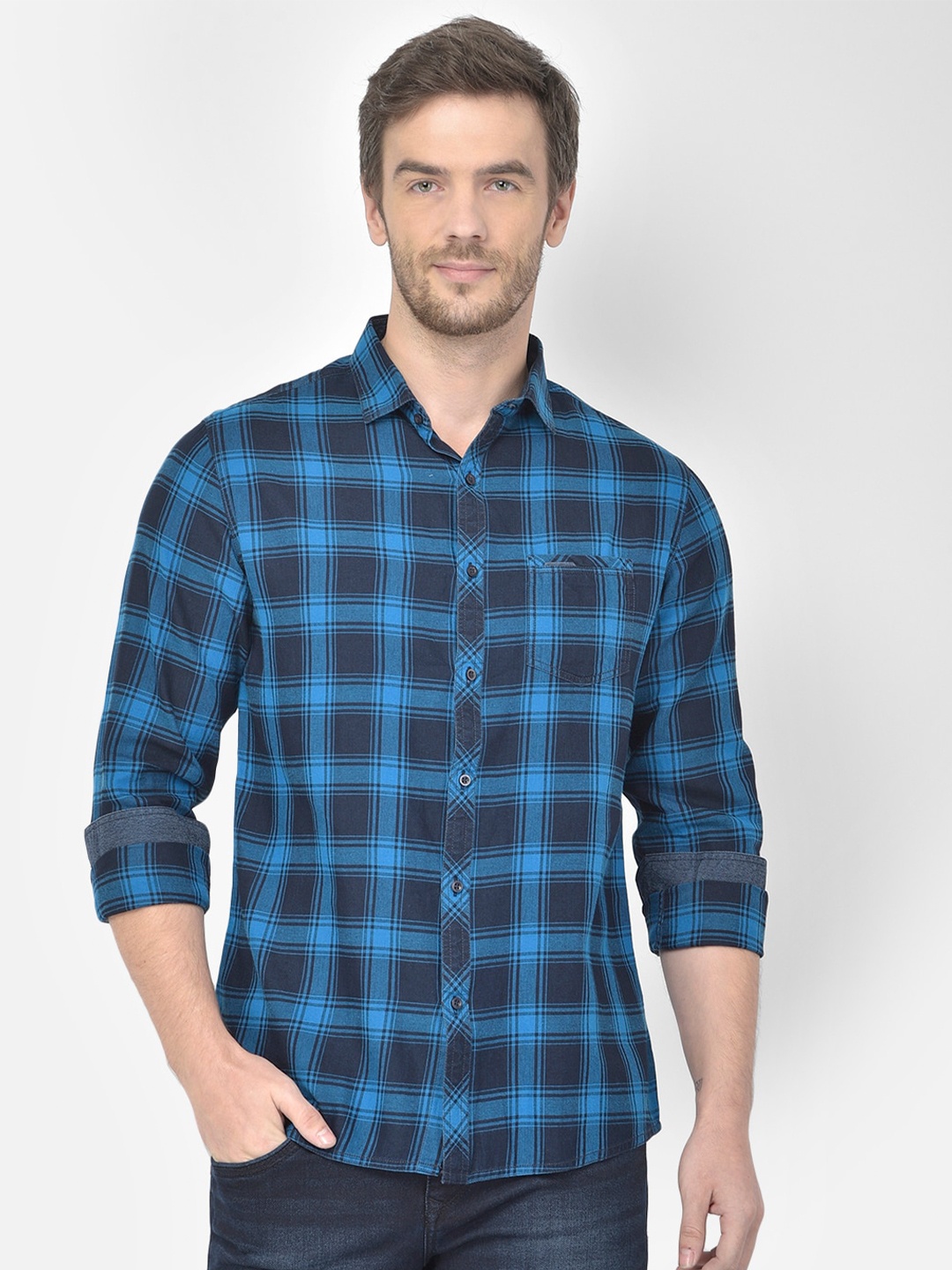 

Canary London Men Blue Smart Slim Fit Checked Casual Shirt