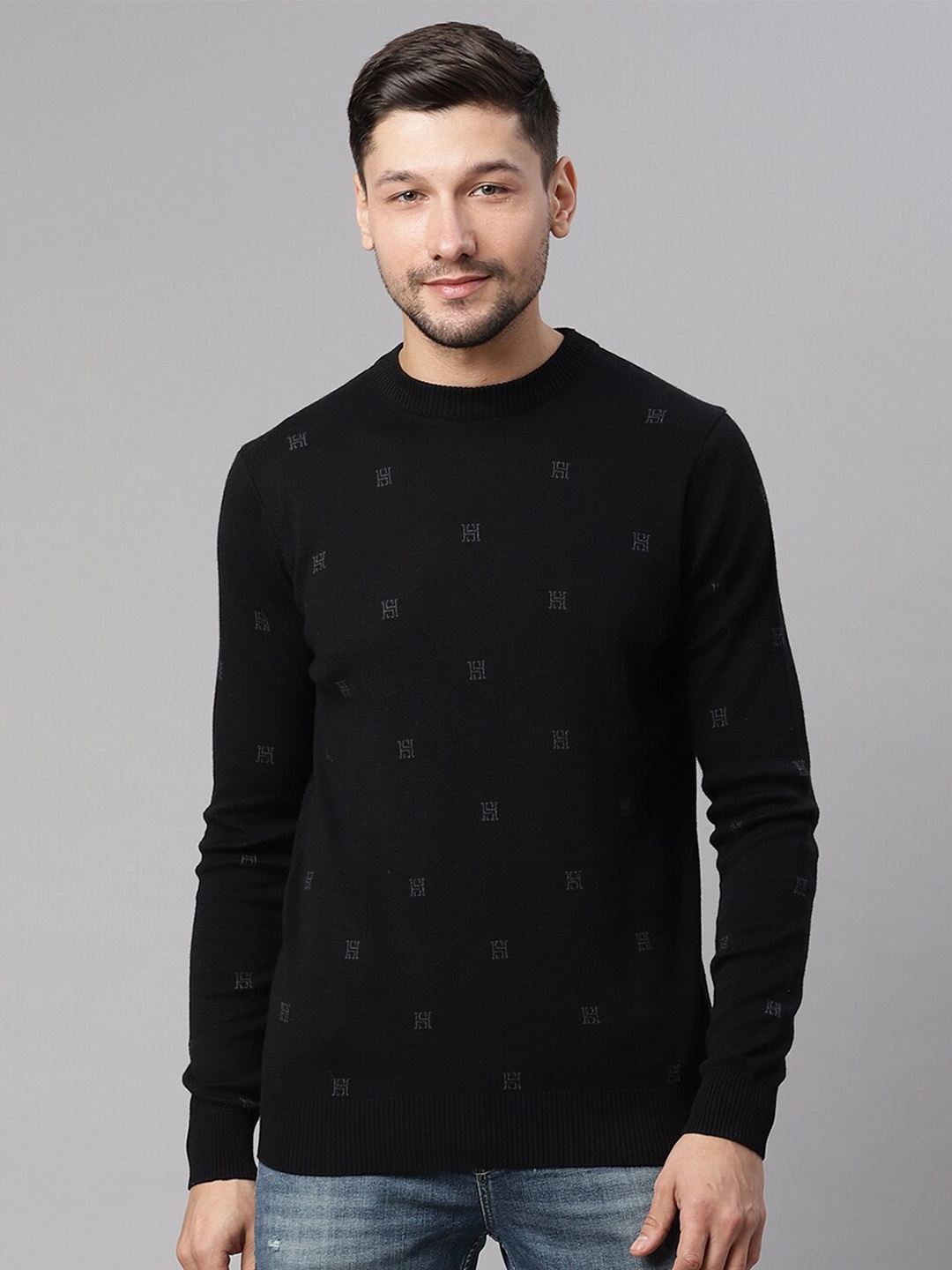 

HARSAM Men Black Printed Pure Cotton Pullover Sweater