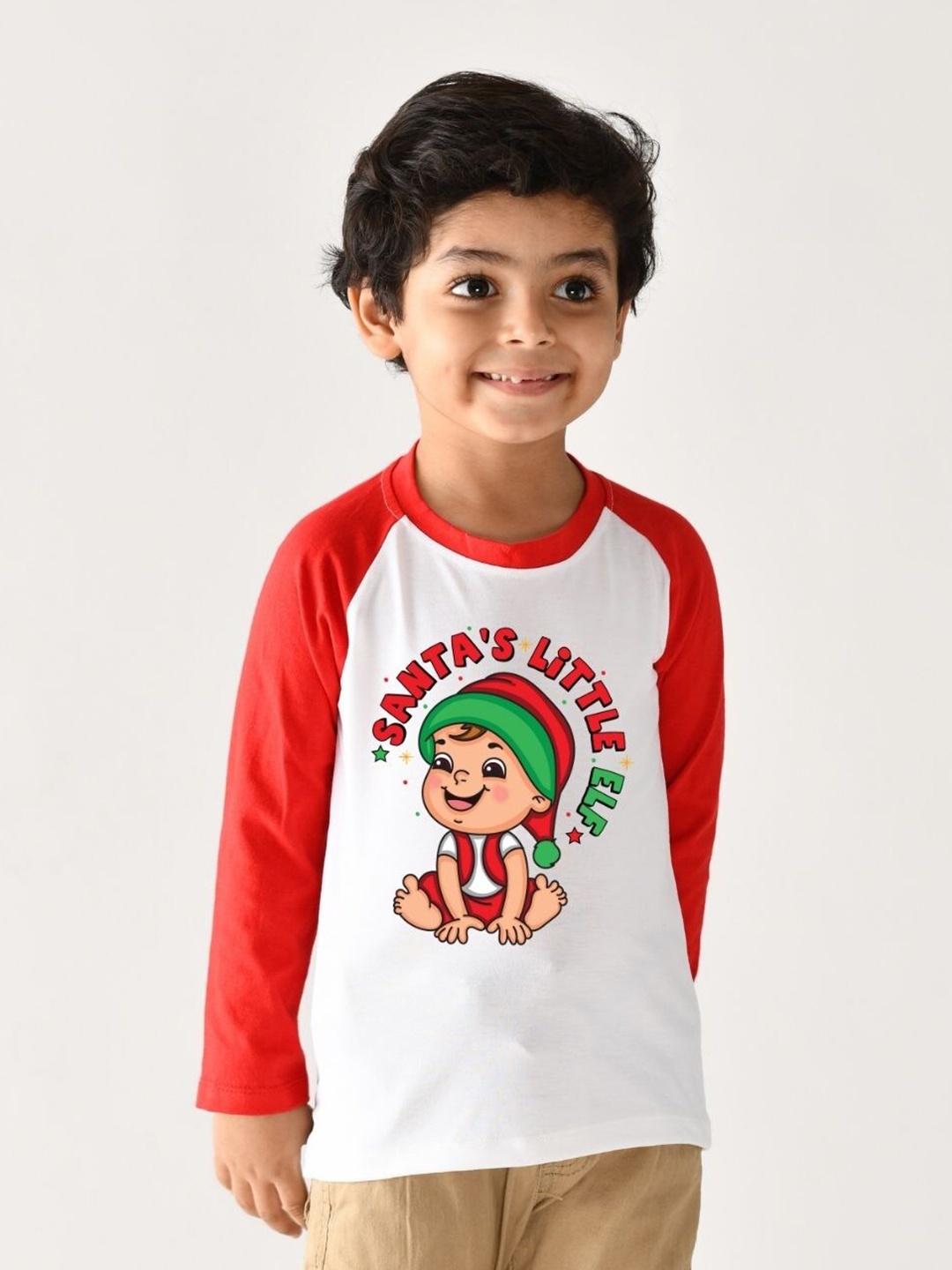 

KNITROOT Kids White & Red Santa Little Elf Raglan Tshirt