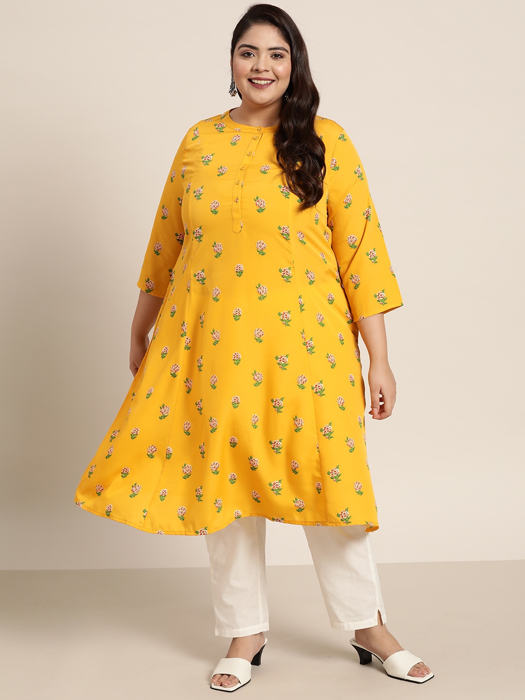 

Sztori Women Plus Size Mustard Yellow & Green Floral Printed A-Line Kurta