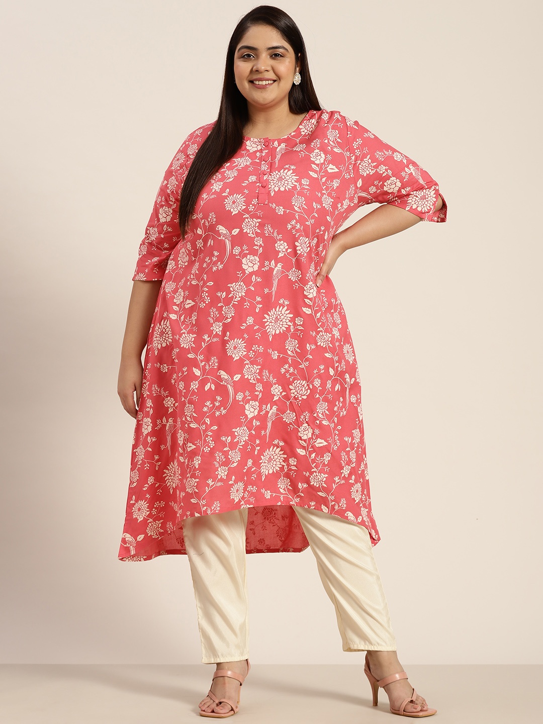 

Sztori Plus Size Women Coral Pink & Off White Ethnic Motifs Printed High-Low A-Line Kurta