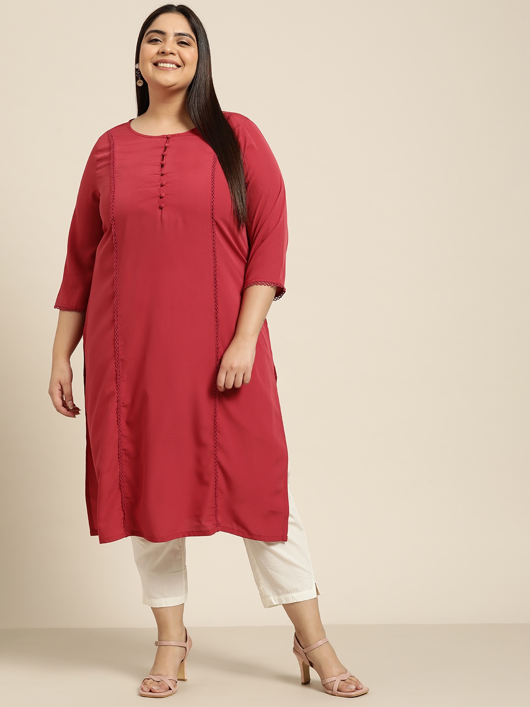 

Sztori Plus Size Women Maroon Solid Lace Insert Kurta