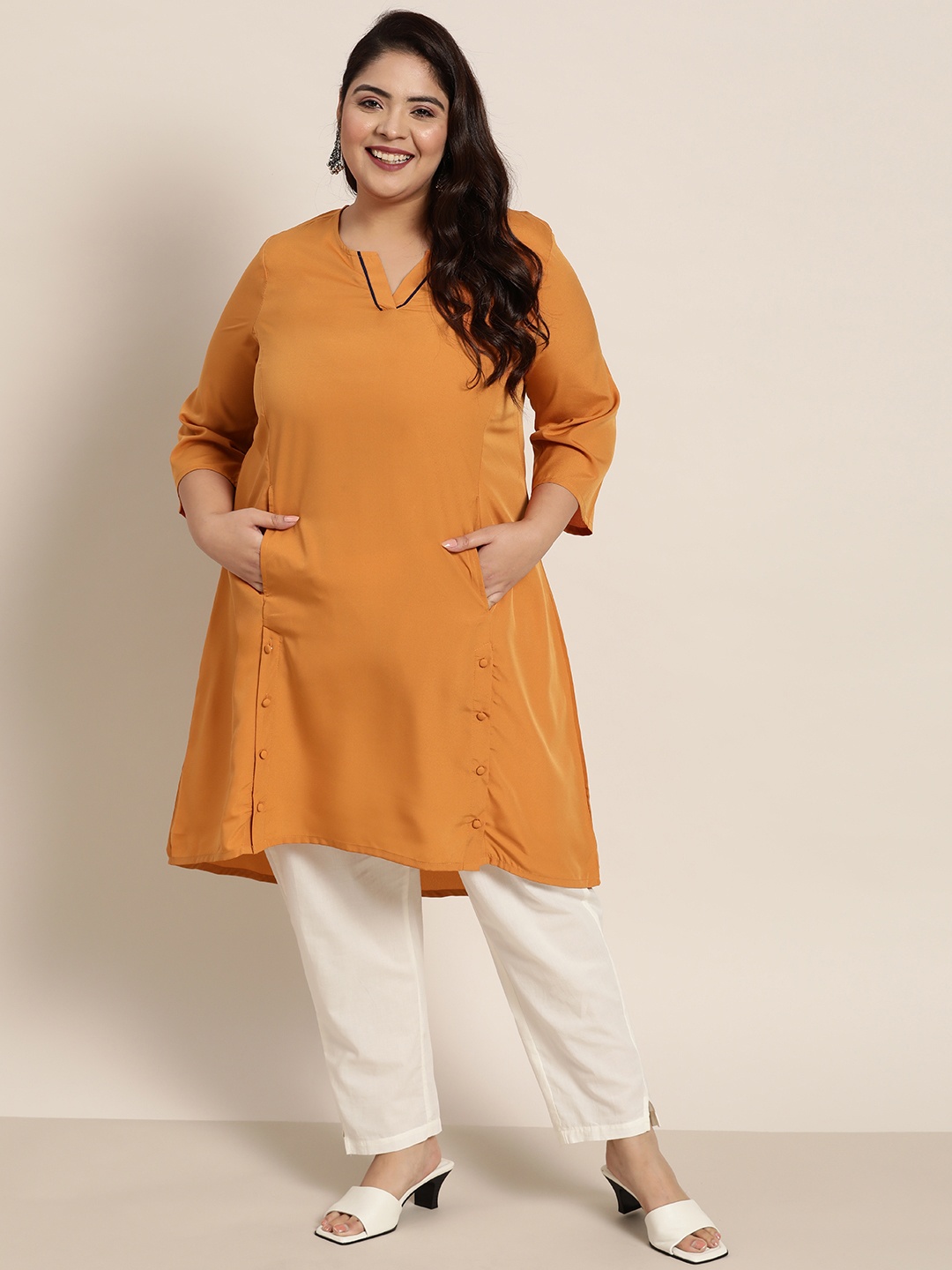 

Sztori Women Plus Size Mustard Brown Solid Kurta
