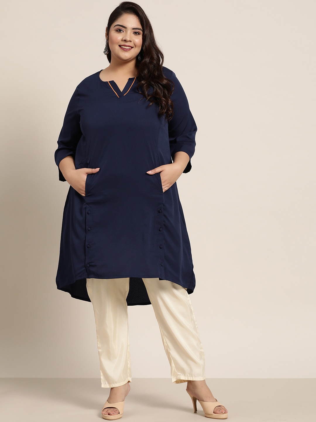 

Sztori Women Plus Size Navy Blue Solid Kurta