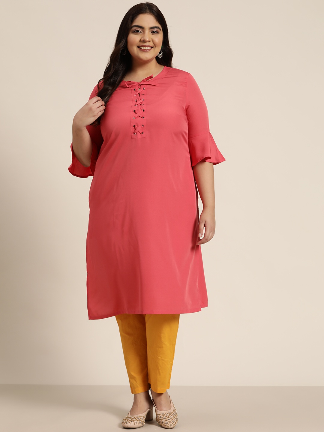 

Sztori Plus Size Women Pink Bell Sleeves Kurta