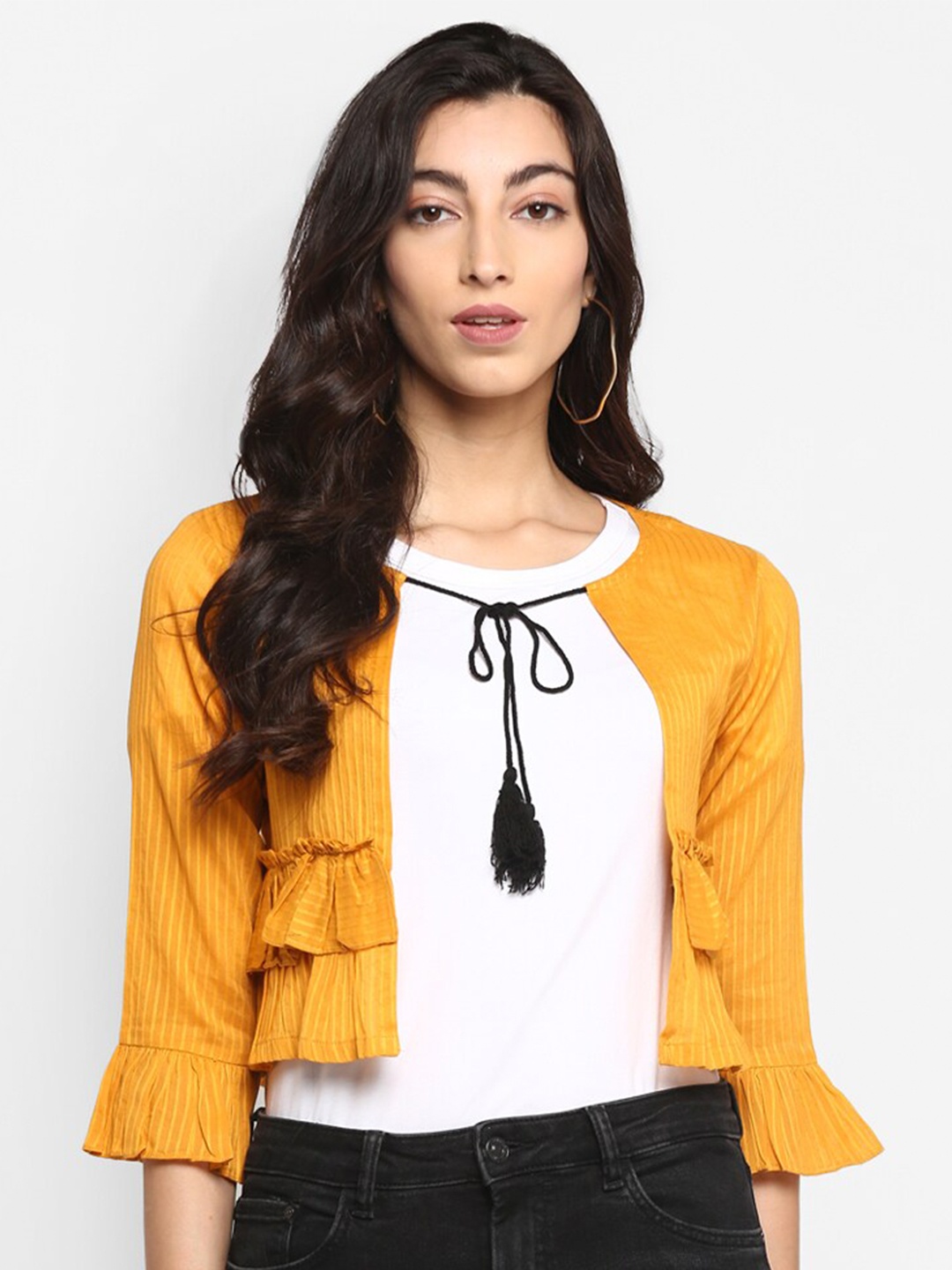 

DEEBACO Women Yellow Cotton Classic Ruffled Shrug With Drawstring Closure
