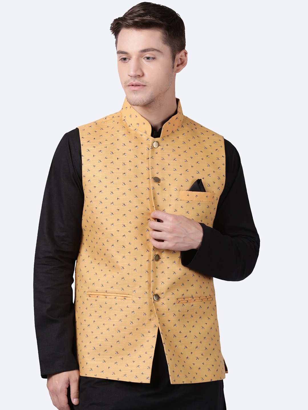 

TABARD Men Yellow & White Printed Woven Pure Cotton Nehru Jacket