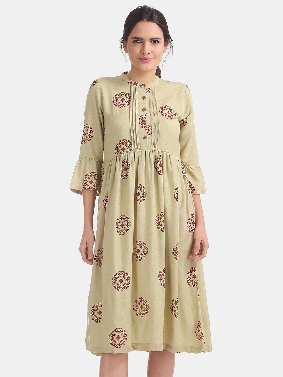

Bronz Beige Floral A-Line Midi Dress