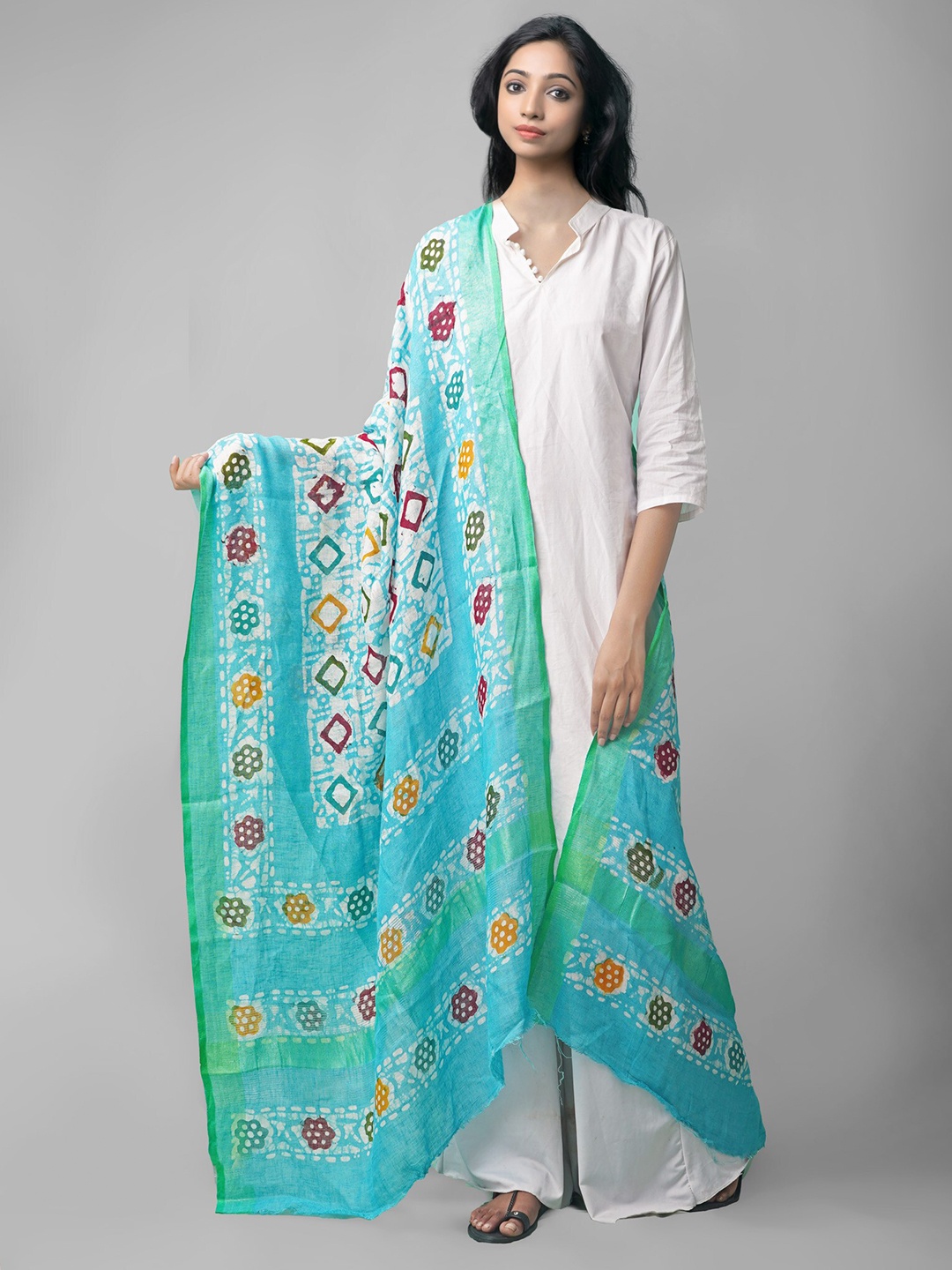 

Unnati Silks Green & Blue Ethnic Motifs Dyed Linen Batik Dupatta