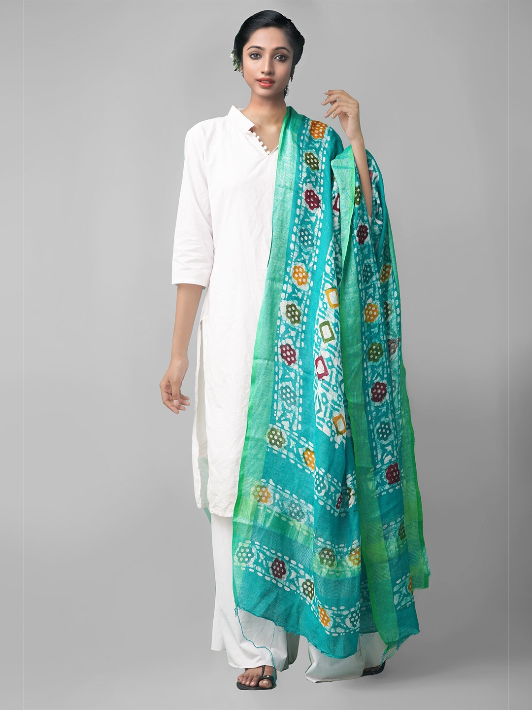 

Unnati Silks Green & Blue Ethnic Motifs Dyed Linen Batik Dupatta