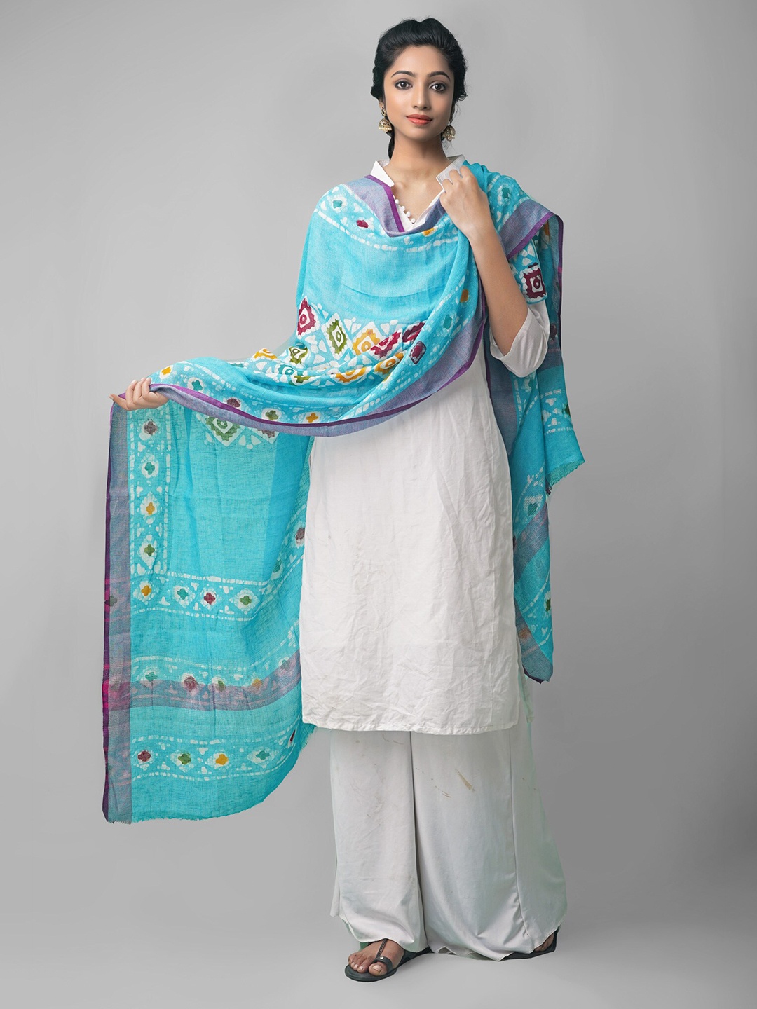 

Unnati Silks Blue & White Ethnic Motifs Dyed Linen Batik Dupatta
