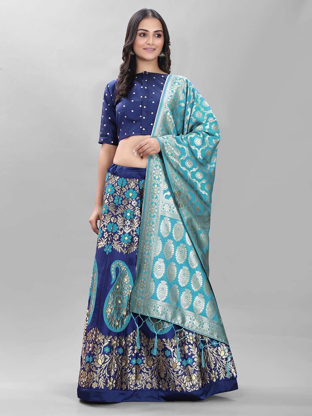 

DIVASTRI Green & Navy Blue Semi-Stitched Lehenga & Unstitched Blouse With Dupatta