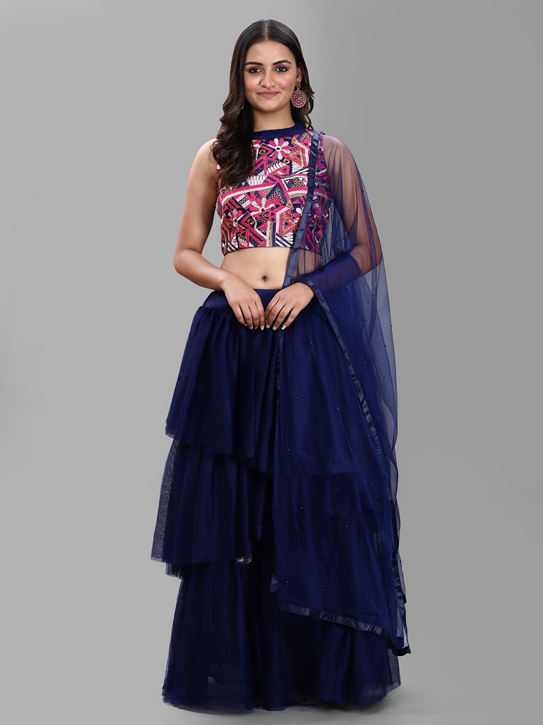 

DIVASTRI Navy Blue & Pink Semi-Stitched Ruffle Lehenga & Unstitched Blouse With Dupatta