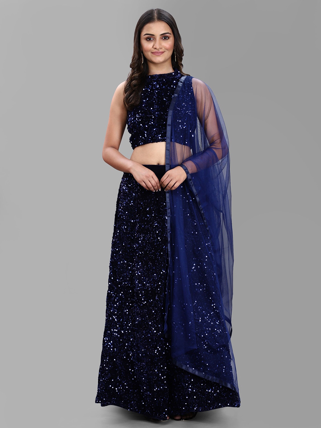 

DIVASTRI Navy Blue Sequinned Semi-Stitched Lehenga & Unstitched Blouse With Net Dupatta