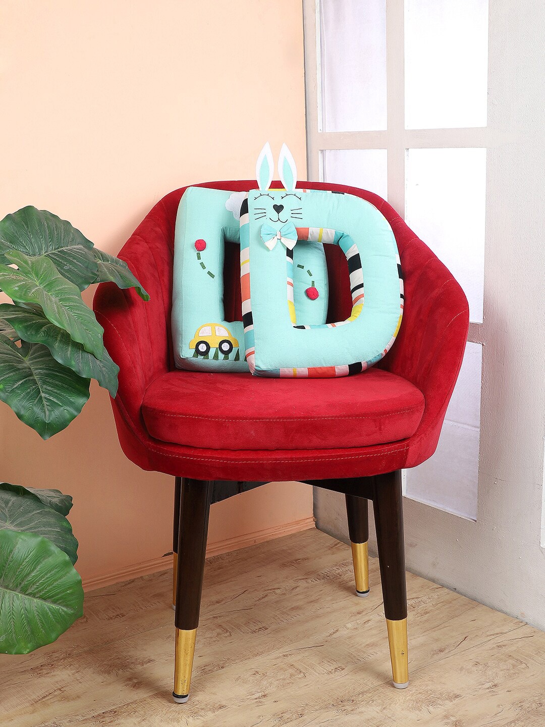 

My Gift Booth Set Of 2 Sea Green Cotton D Alphabet Shape Cushion With Filler