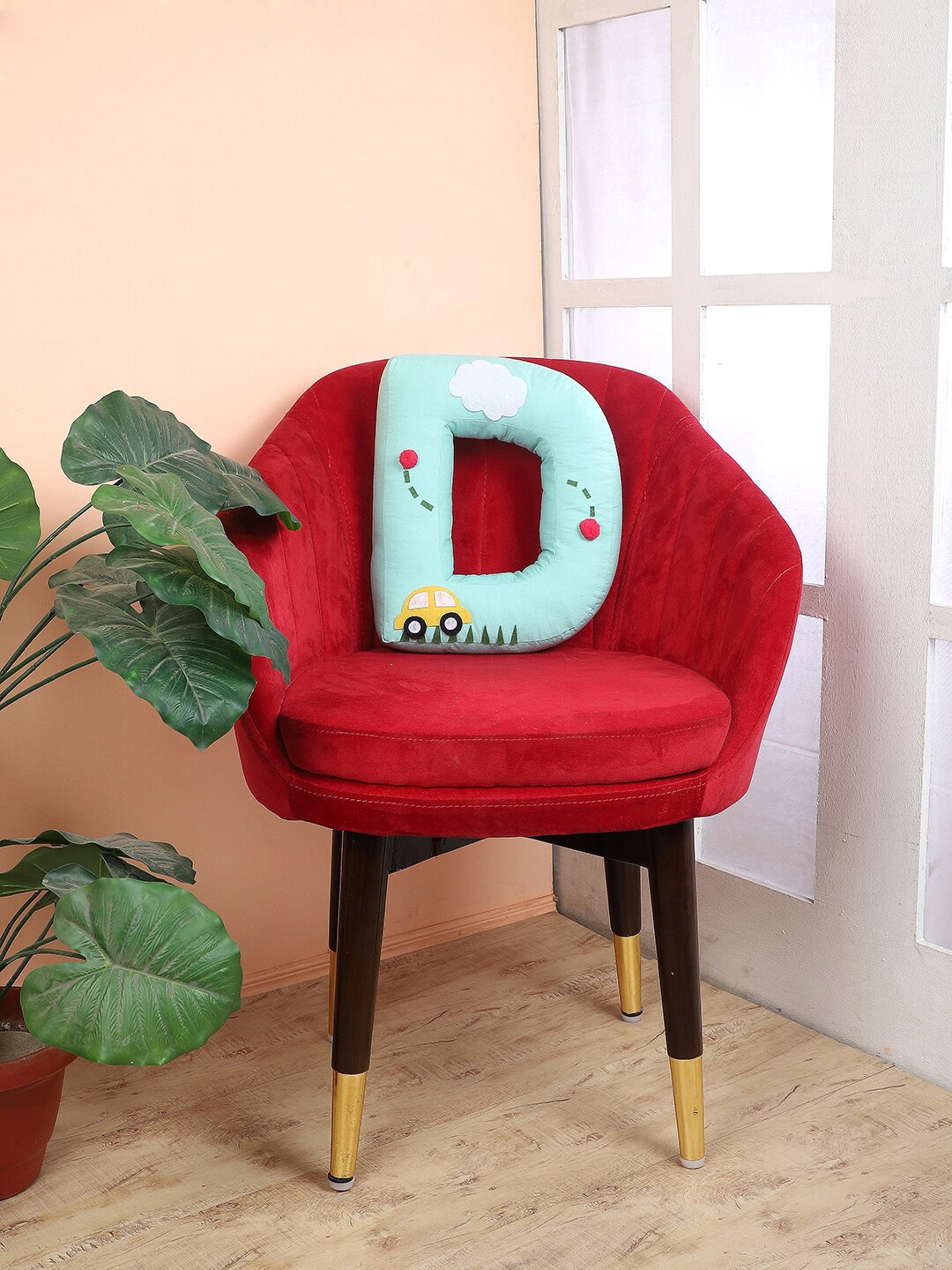 

My Gift Booth Sea Green Printed Cotton D Alphabet Shape Cushion With Filler