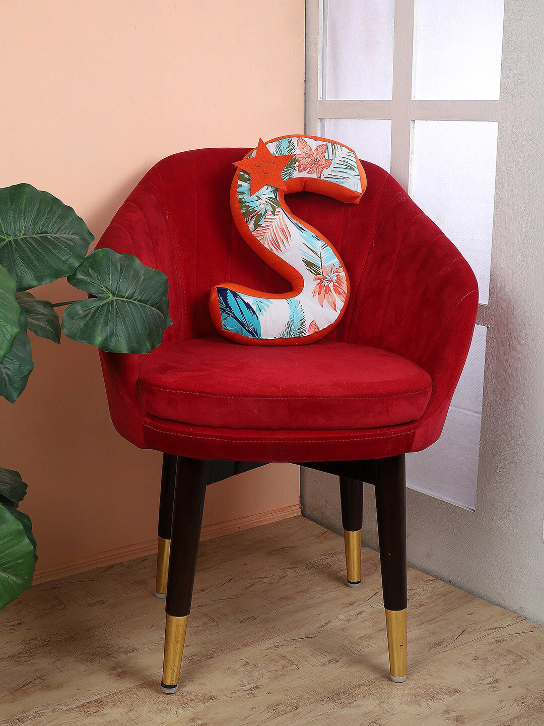 

My Gift Booth Orange & Green Floral Printed S Alphabet Shape Cotton Cushion