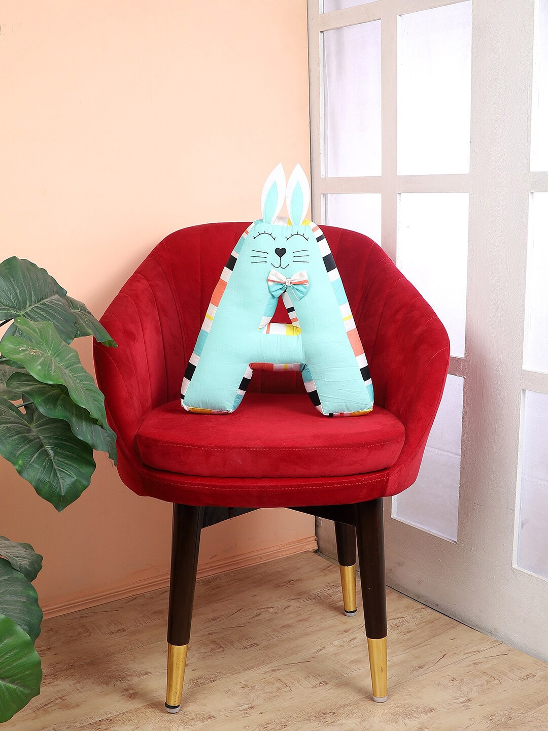 

My Gift Booth Sea Green & White Printed A alphabet Rabbit Shape Cotton Cushion