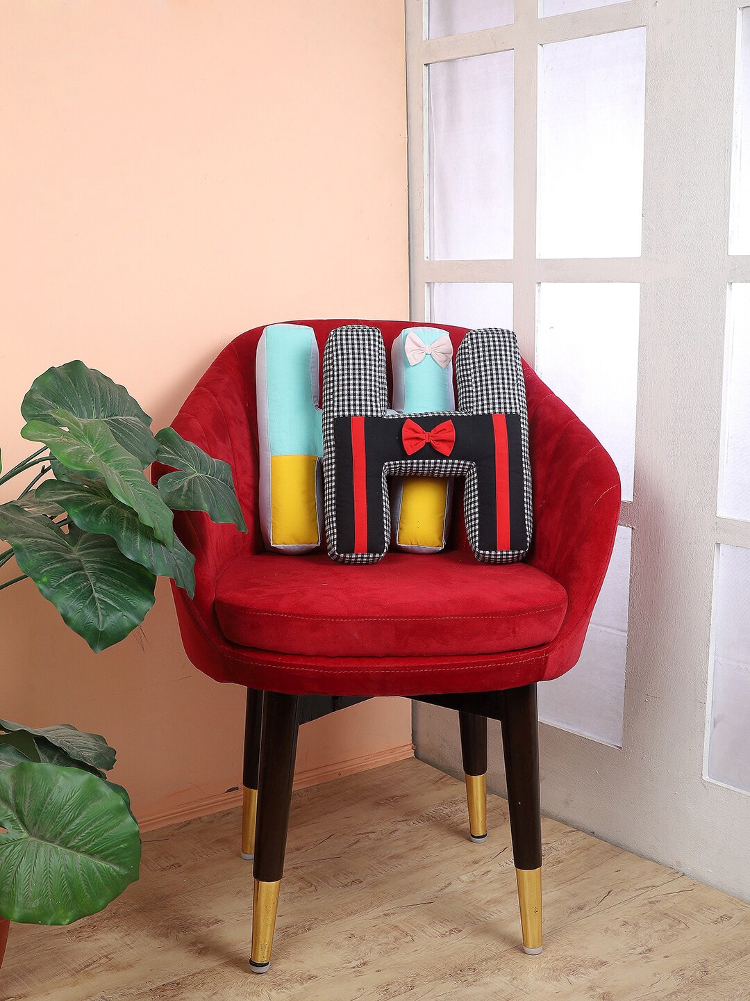 

My Gift Booth Set Of 2 Self-Design Cotton L Alphabet Rabbit Shape Cushion With Filler, Yellow