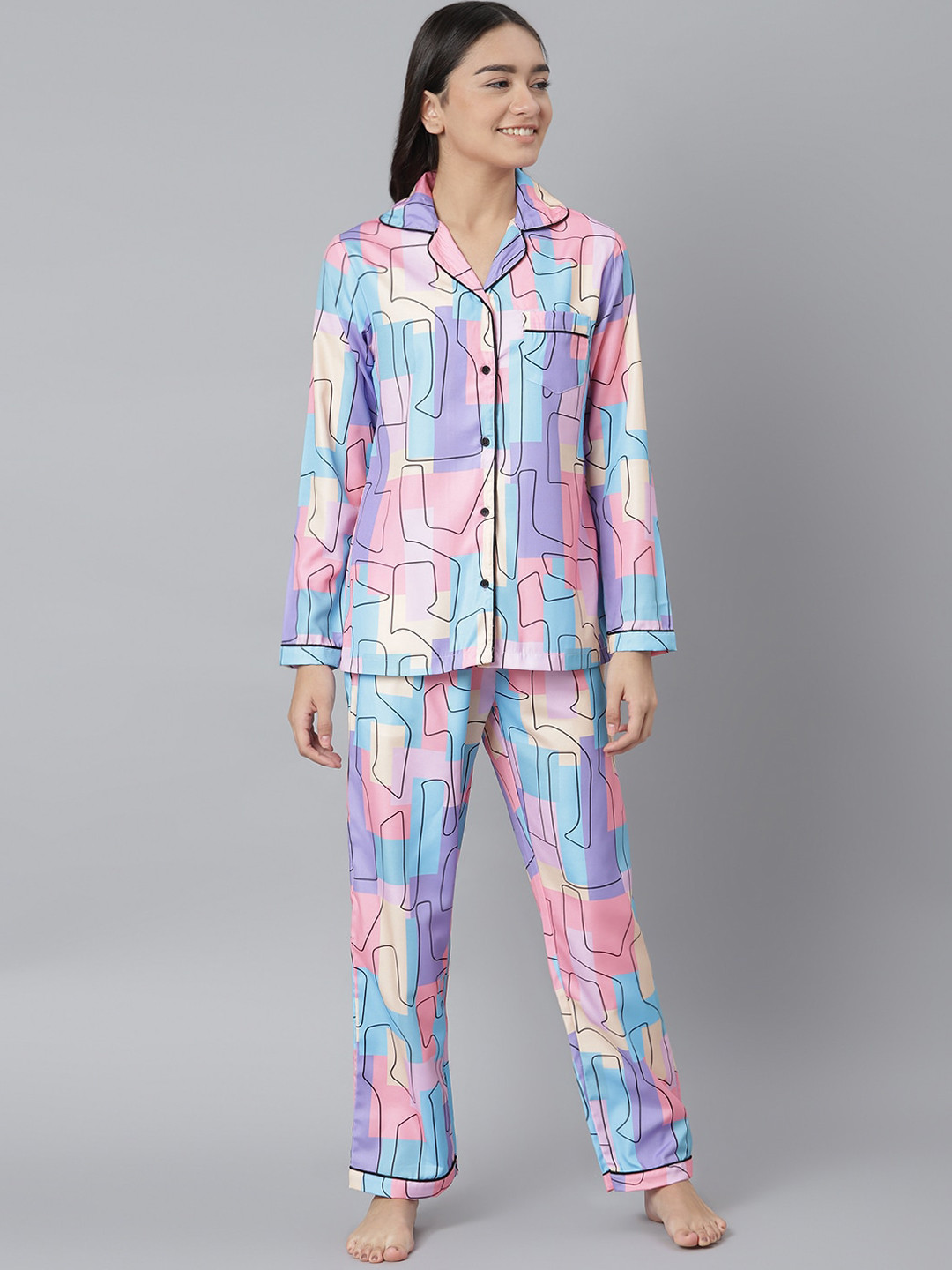 

MIDNIGHT ANGELS BY PC Women Blue & Pink Printed Night suit