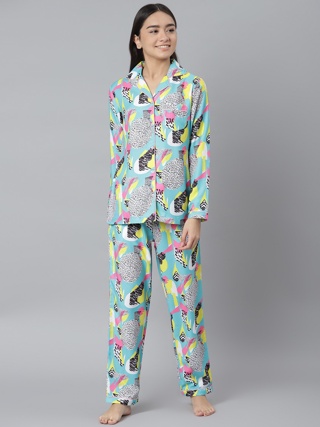

MIDNIGHT ANGELS BY PC Women Turquoise Blue & Pink Abstract Printed Night Suit