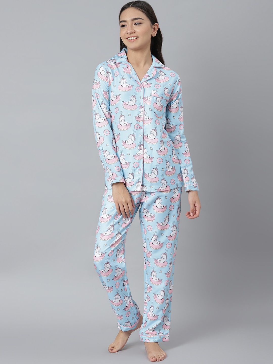 

MIDNIGHT ANGELS BY PC Women Blue & Pink Printed Night suit