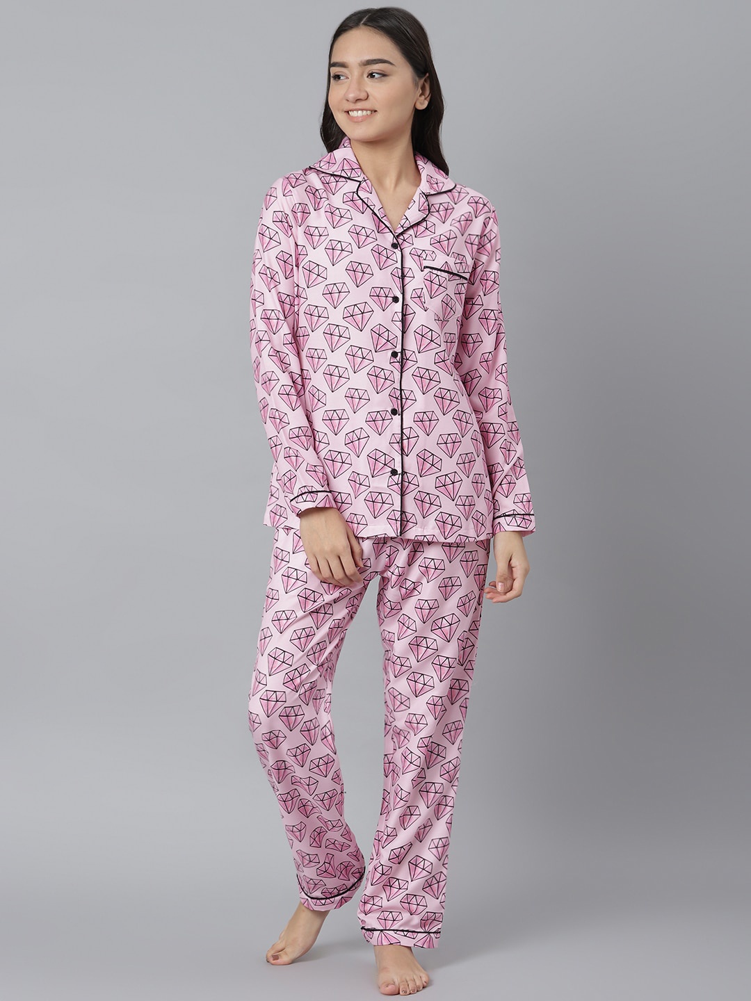 

MIDNIGHT ANGELS BY PC Women Pink Geometric Printed Night Suit