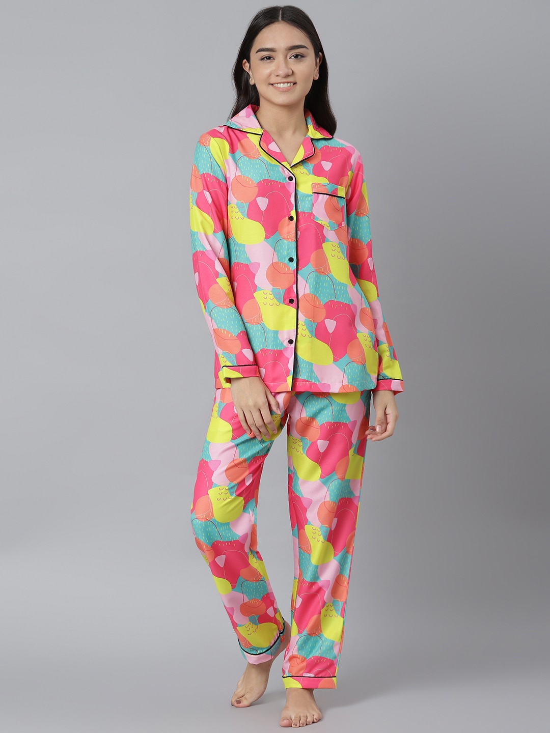 

MIDNIGHT ANGELS BY PC Women Pink & Yellow Printed Night suit