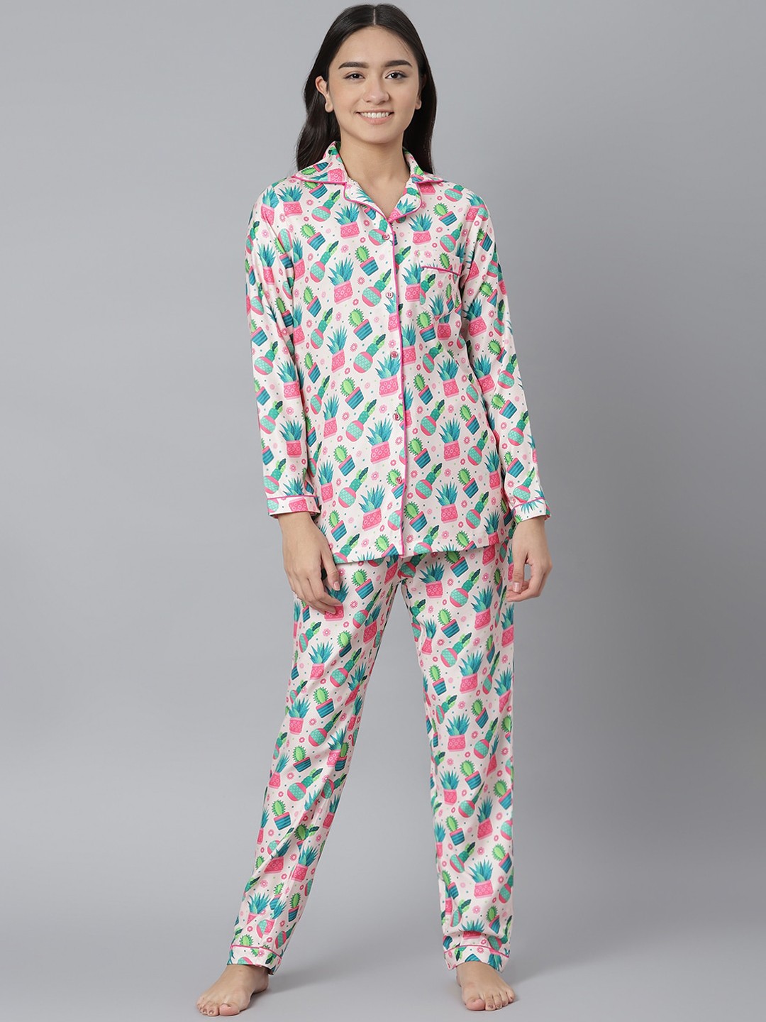 

MIDNIGHT ANGELS BY PC Women Cream-Coloured Tropical Printed Night Suit