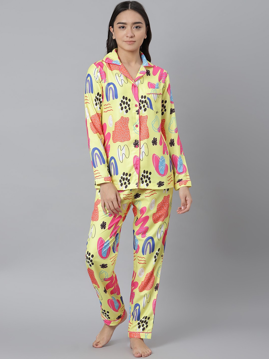 

MIDNIGHT ANGELS BY PC Women Yellow & Pink Printed Night suit