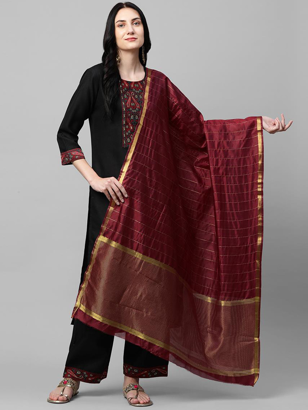 

KALINI Women Black & Maroon Yoke Design Kurta with Palazzos & Dupatta