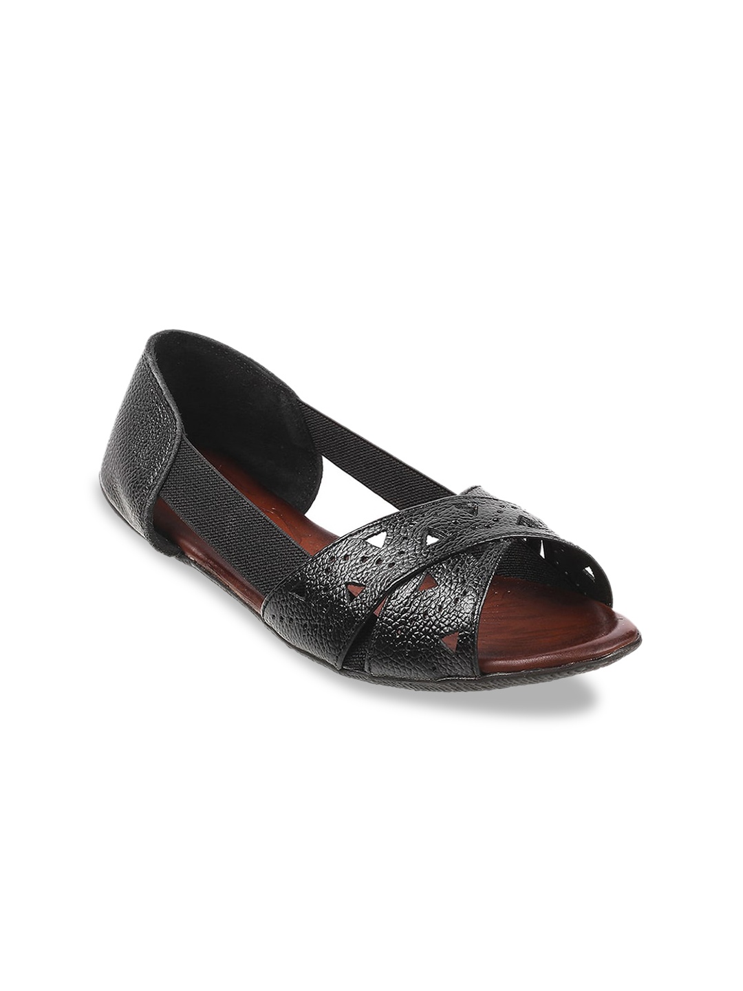 

Metro Women Black Leather Open Toe Flats with Laser Cuts