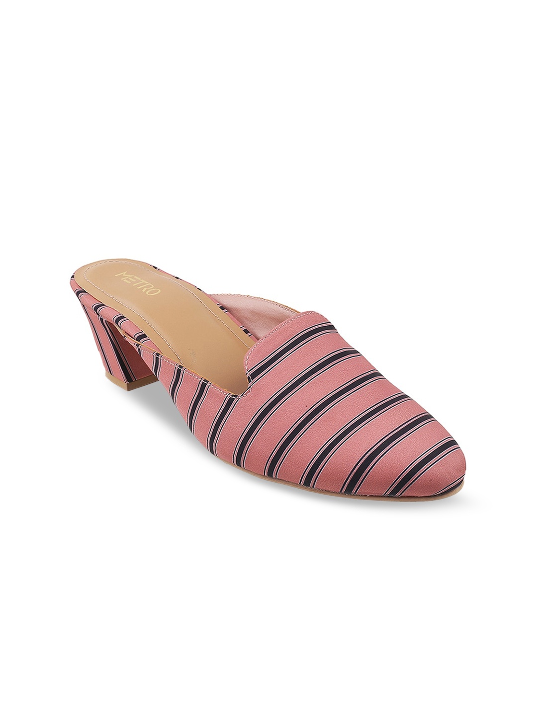 

Metro Woman Peach-Coloured Striped Block Mules