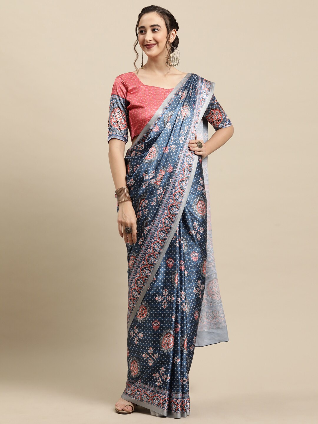 

Saree mall Navy Blue & Rust Ethnic Motifs Printed Sarees